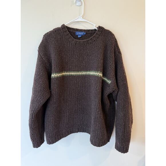 J. Crew Men's 100% Shetland Wool Sweater Size Large Brown With Stripe Pullover - Picture 1 of 8